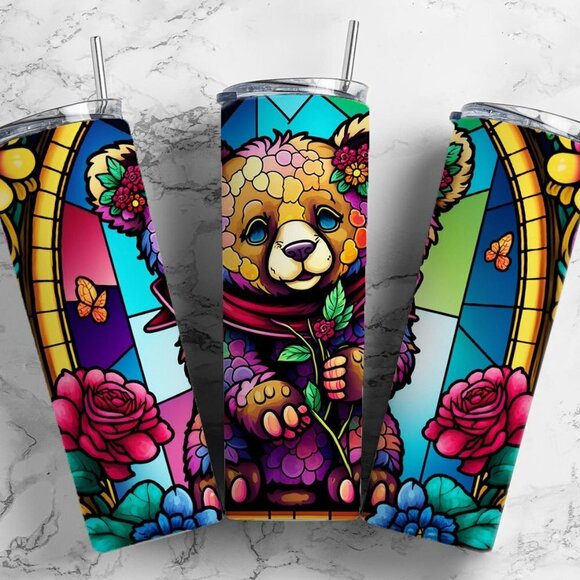 Custom 20oz Stainless Steel Tumbler - Stained Glass Bear Cub - Picture 1 of 1